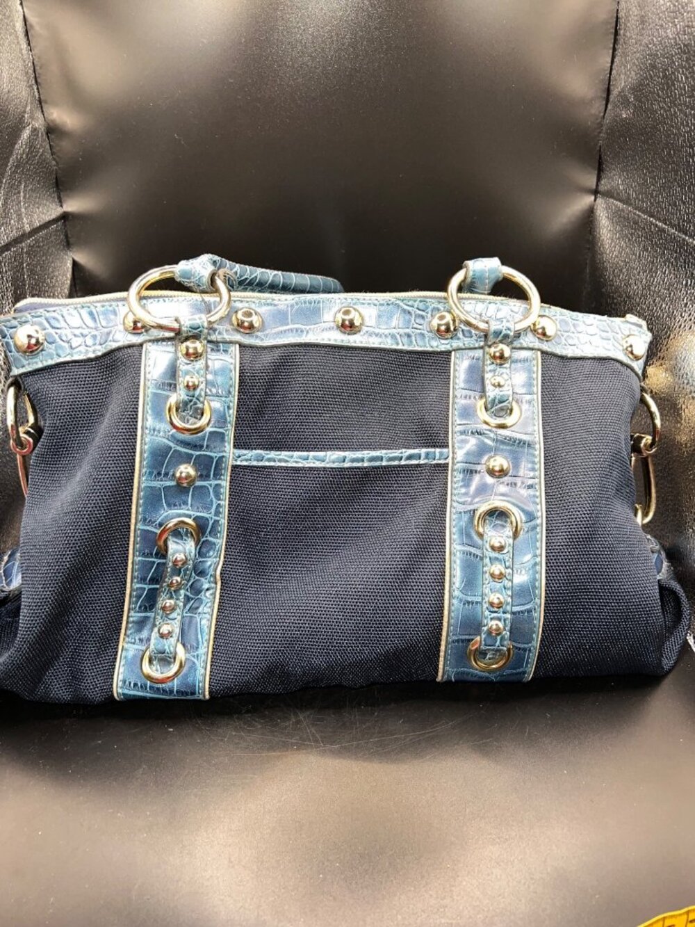 Kathy Van Zeeland Blue Canvas Faux Croc-Trimmed Studded Handbag Gold Accents